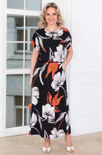 Платье «Сицилия». Цвет: чёрный / оранжевый / молочный фото: #1