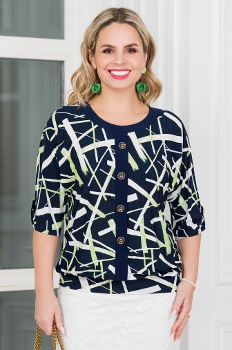 %Блуза «Ягодка». Цвет: тёмно-синий / салатовый / белый распродажа% фото: #1